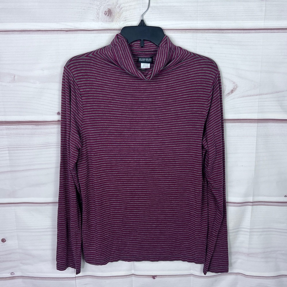 Nomadic Traders Top Women L Red Gray Striped Turtleneck T-Shirt Long Sleeve Knit
